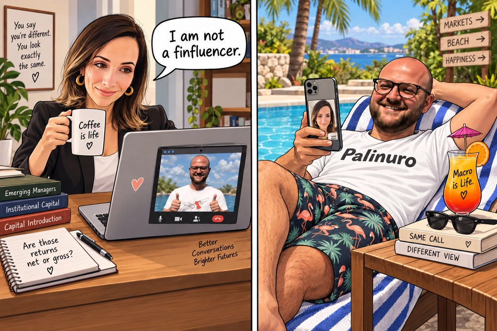 Cartoon in two panels. On the left Cláudia Quintela sits at a desk with a laptop and a coffee mug, notes beside her reading emerging managers, institutional capital and capital introduction. On the right Alf Peccatiello takes the same video call poolside in a Palinuro t-shirt, beside a signpost pointing to markets, beach and happiness. Captioned same call, different view.